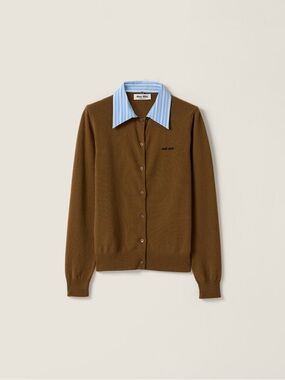 Miu Miu Brown Cashmere Cardigan with removable Blue Stripe Collar